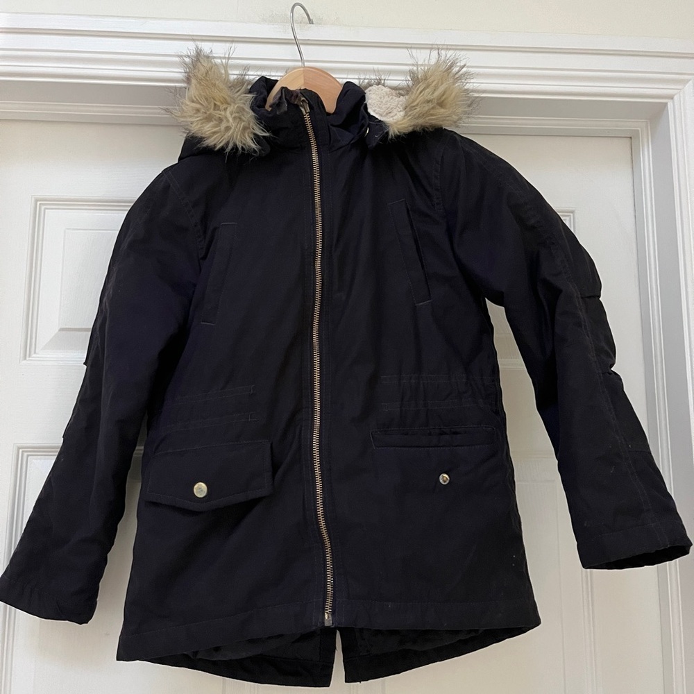 H&M black cozy hooded fleece lined anorak jacket girls 8-9 year old